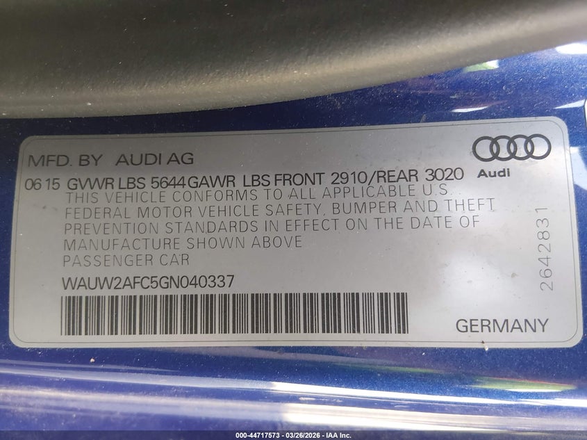 2016 Audi S7 4.0T VIN: WAUW2AFC5GN040337 Lot: 44717573