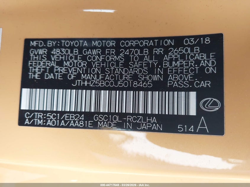 2018 Lexus Rc 350 VIN: JTHHZ5BC0J5018465 Lot: 44717648