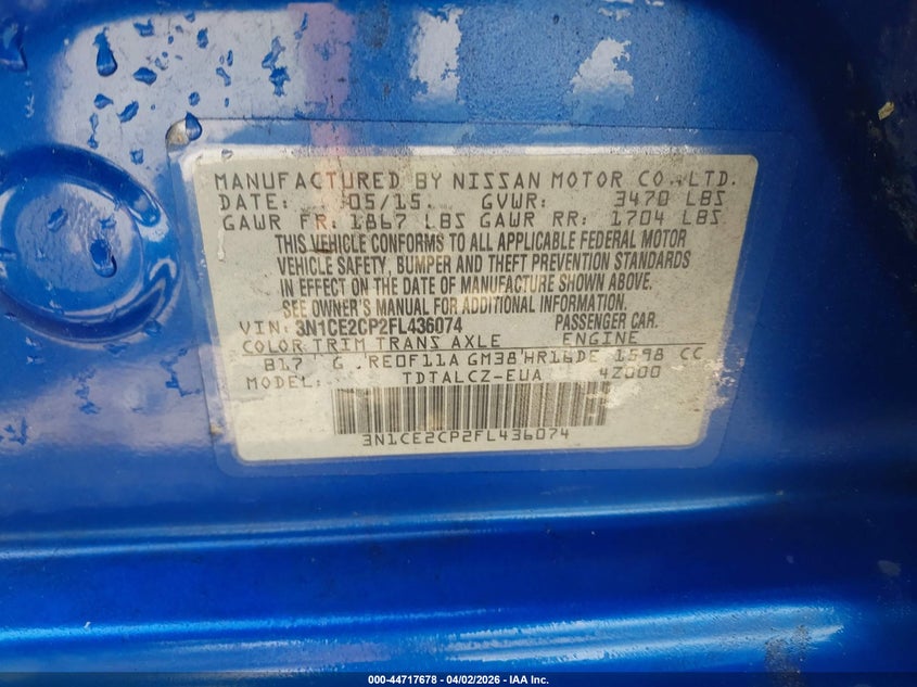 2015 Nissan Versa Note S Plus VIN: 3N1CE2CP2FL436074 Lot: 44717678