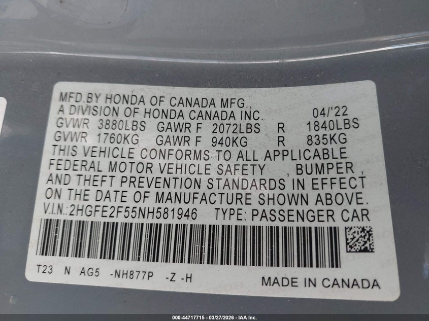 VIN 2HGFE2F55NH581946 2022 HONDA CIVIC SPORT