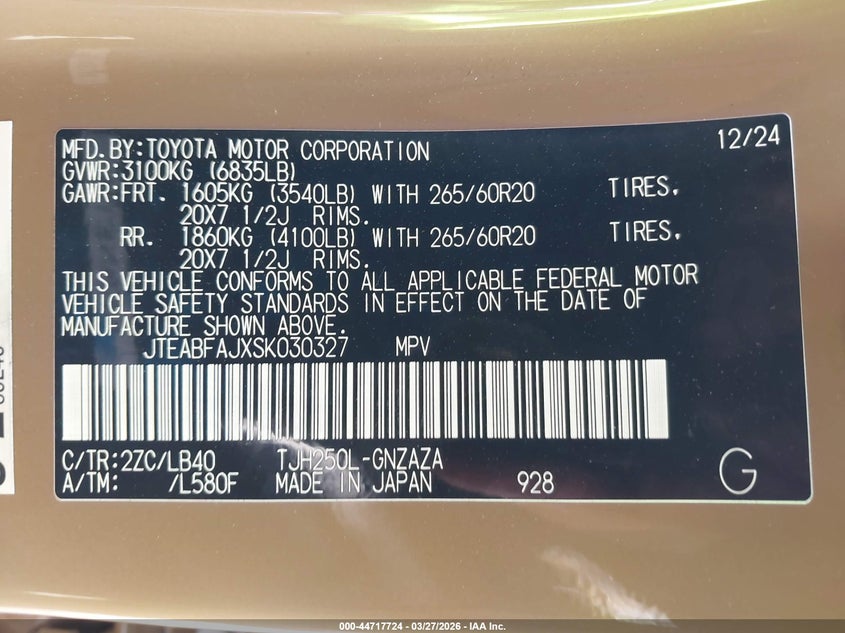 2025 Toyota Land Cruiser VIN: JTEABFAJXSK030327 Lot: 44717724