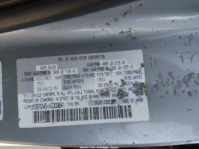 2010 Mazda Cx-7 I Sv VIN: JM3ER2W5XA0309641 Lot: 44717744