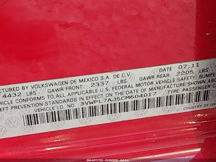 2012 Volkswagen Jetta 2.0 Sportwagen 2.0L Tdi red Lot 111044717753 Vin 3VWPL7AJ5CM604017