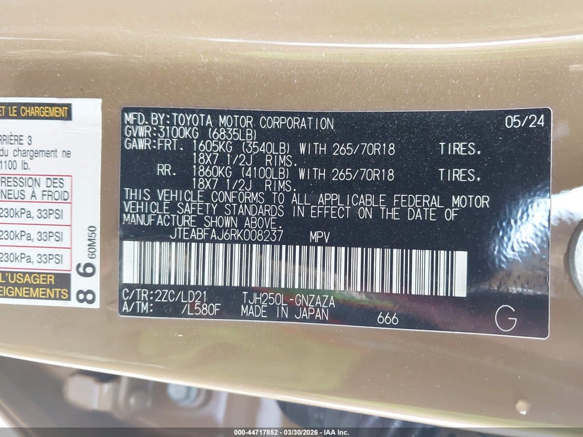 2024 Toyota Land Cruiser First Edition VIN: JTEABFAJ6RK008237 Lot: 44717852