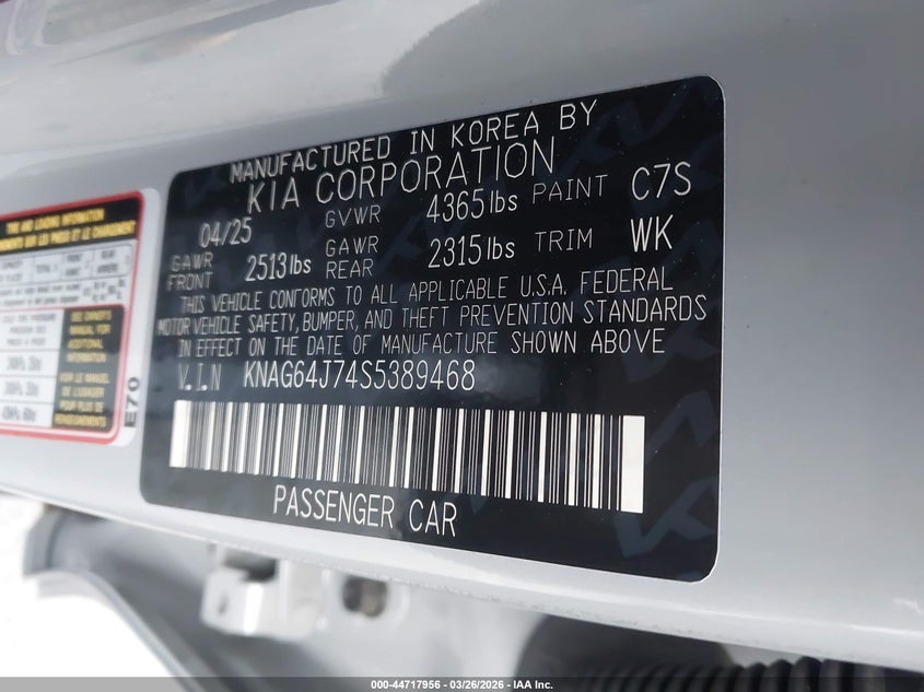 KIA K5 2025 VIN KNAG64J74S5389468
