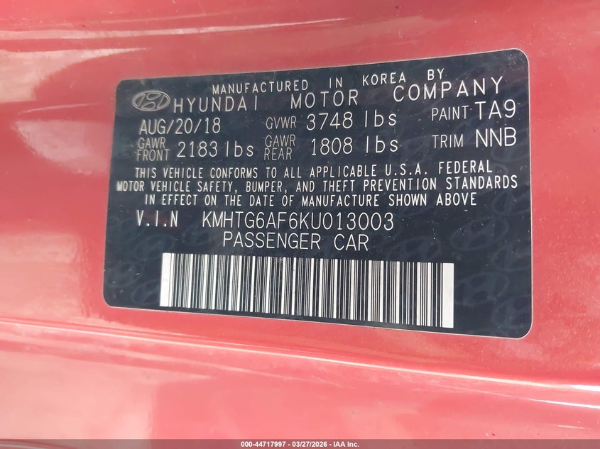 2019 Hyundai Veloster 2.0 VIN: KMHTG6AF6KU013003 Lot: 44717997