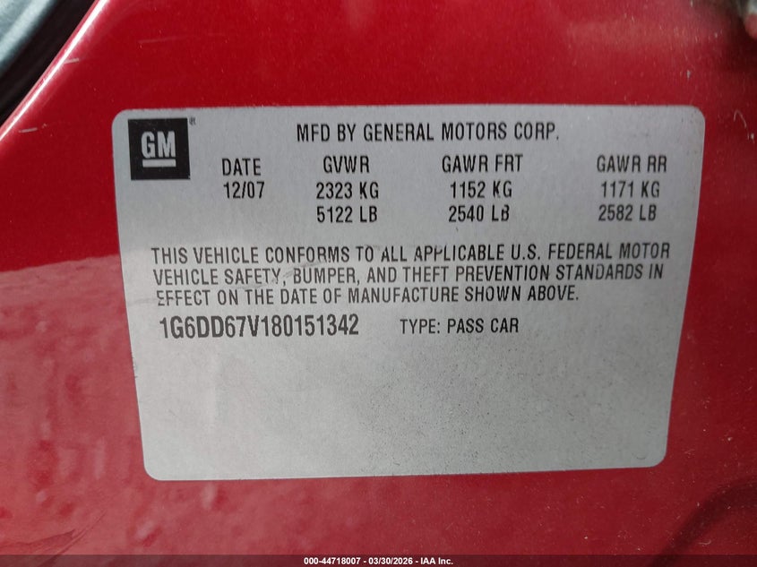 2008 Cadillac Sts V6 VIN: 1G6DD67V180151342 Lot: 44718007
