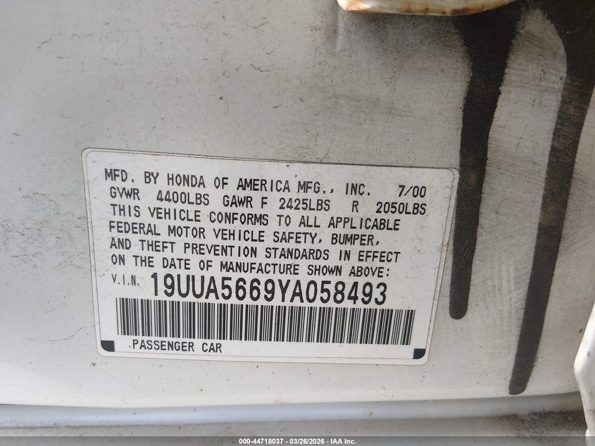 2000 Acura Tl 3.2 VIN: 19UUA5669YA058493 Lot: 44718037