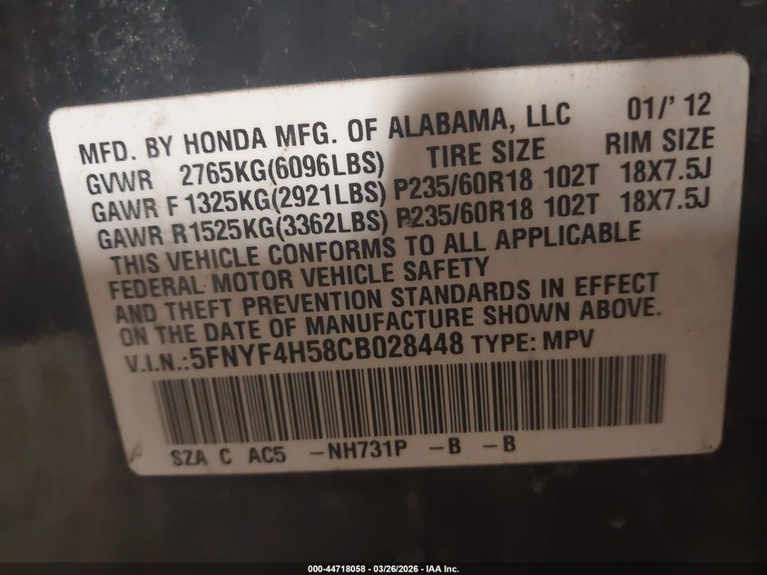 5FNYF4H58CB028448 2012 Honda Pilot 3.5 Ex-L black