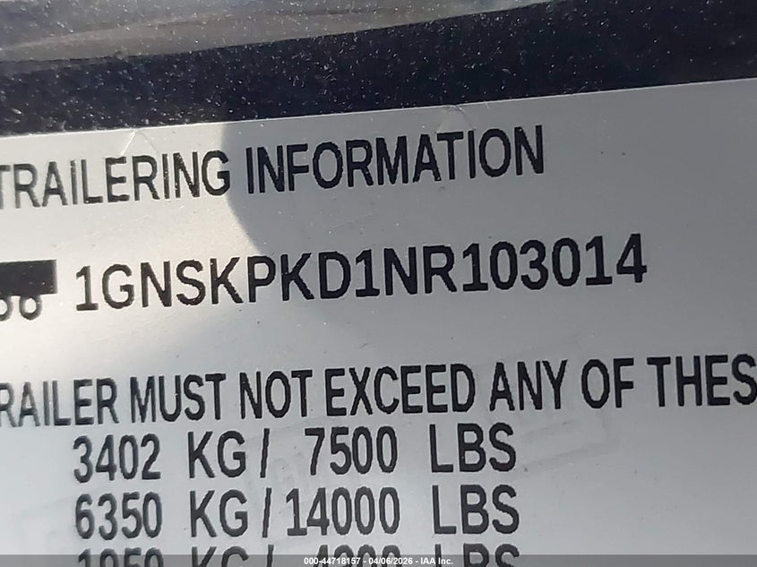 2022 Chevrolet Tahoe 4Wd Z71 VIN: 1GNSKPKD1NR103014 Lot: 44718157