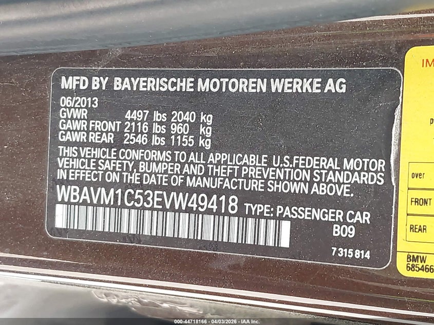 2014 BMW X1 Sdrive28I VIN: WBAVM1C53EVW49418 Lot: 44718166