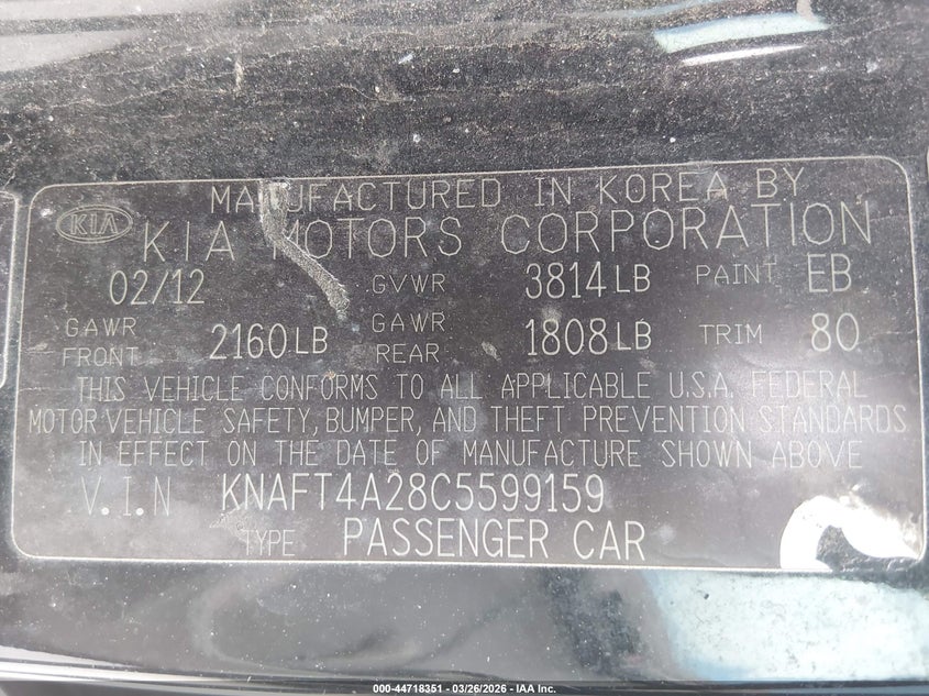 2012 Kia Forte 2.0 Lx black Lot 111044718351 Vin KNAFT4A28C5599159