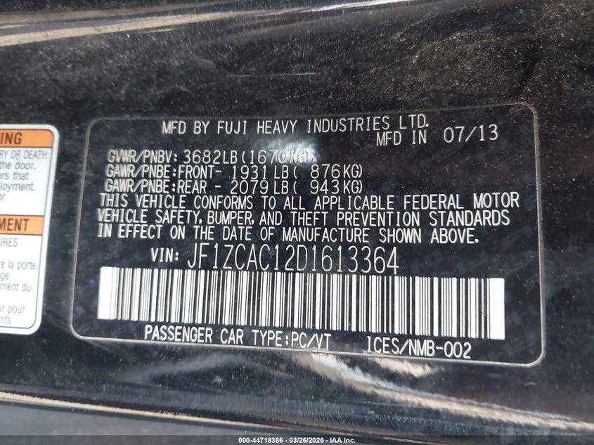 2013 Subaru Brz Limited VIN: JF1ZCAC12D1613364 Lot: 44718386