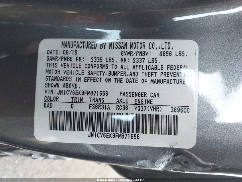 2015 Infiniti Q60 S VIN: JN1CV6EK9FM871656 Lot: 44718432