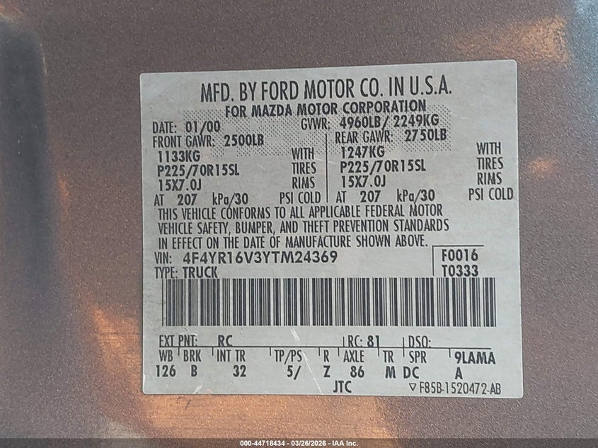 2000 Mazda B3000 Se/Tl VIN: 4F4YR16V3YTM24369 Lot: 44718434