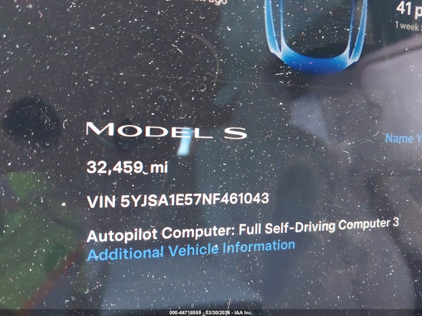2022 Tesla Model S Dual Motor All-Wheel Drive VIN: 5YJSA1E57NF461043 Lot: 44718559