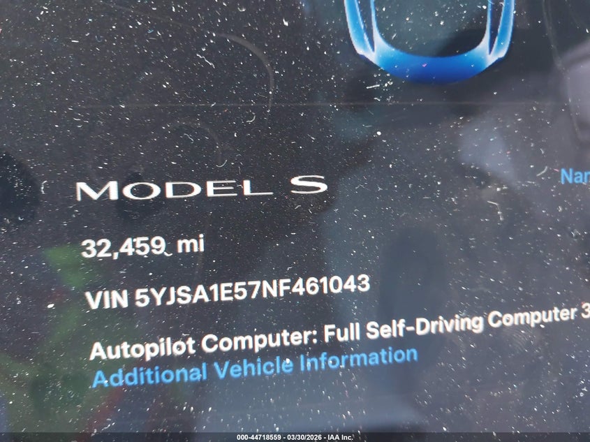 2022 Tesla Model S Dual Motor All-Wheel Drive VIN: 5YJSA1E57NF461043 Lot: 44718559