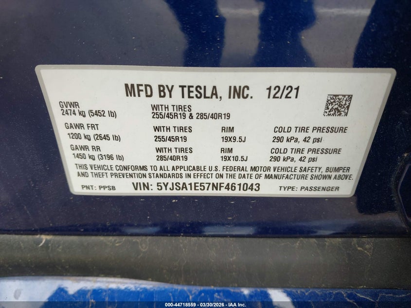 2022 Tesla Model S Dual Motor All-Wheel Drive VIN: 5YJSA1E57NF461043 Lot: 44718559