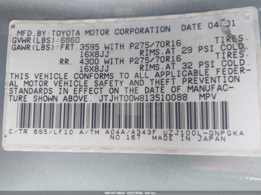 2001 Lexus Lx 470 VIN: JTJHT00W813510088 Lot: 44718624