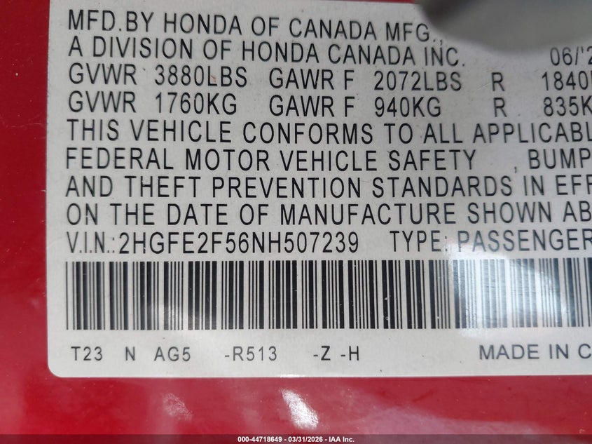 VIN 2HGFE2F56NH507239 2022 HONDA CIVIC SPORT