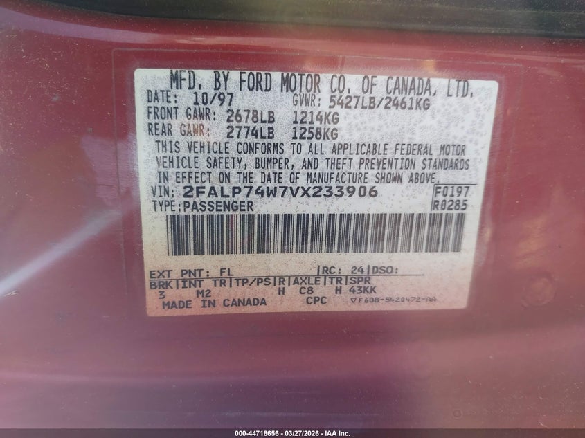 1997 Ford Crown Victoria Lx VIN: 2FALP74W7VX233906 Lot: 44718656