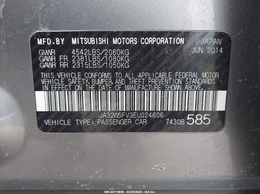 2014 Mitsubishi Lancer Evolution Mr VIN: JA32W5FV3EU024606 Lot: 44718858