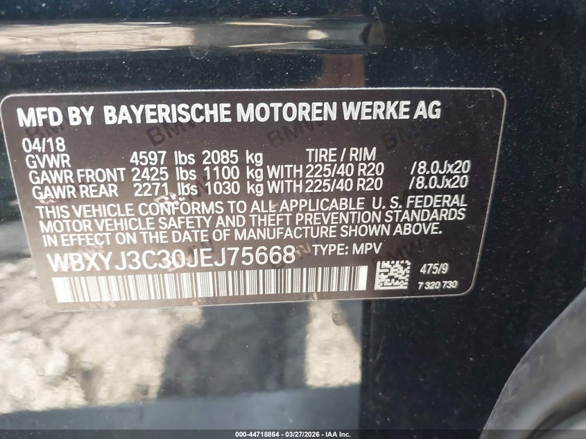 2018 BMW X2 Sdrive28I VIN: WBXYJ3C30JEJ75668 Lot: 44718864