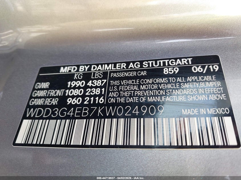 2019 Mercedes-Benz A 220 VIN: WDD3G4EB7KW024909 Lot: 44718937