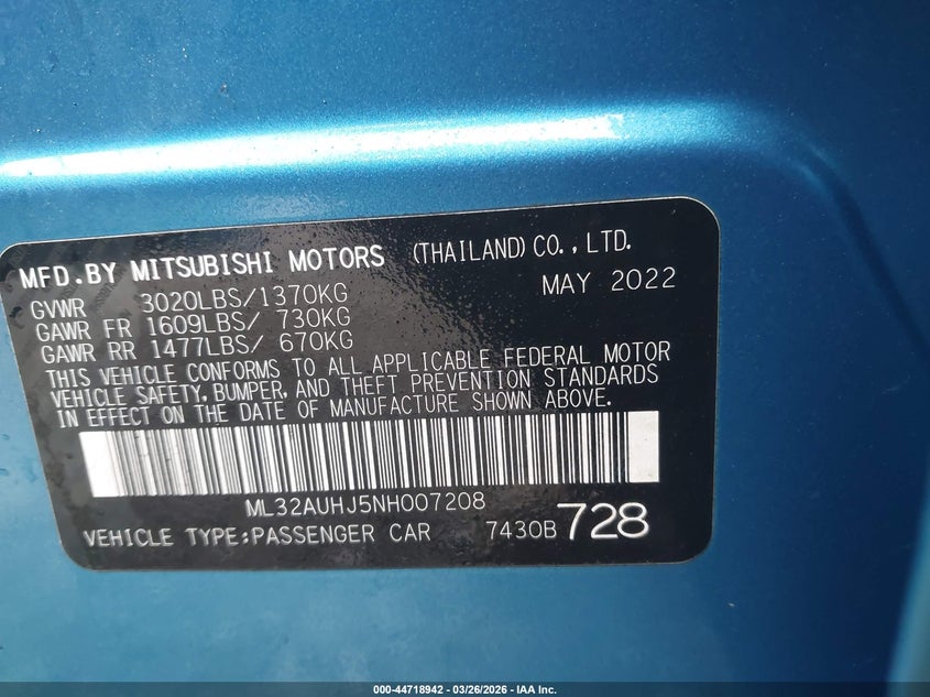 2022 Mitsubishi Mirage Es/Le VIN: ML32AUHJ5NH007208 Lot: 44718942