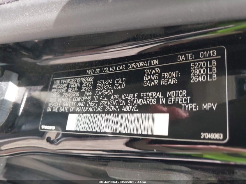 2013 Volvo Xc70 3.2 VIN: YV4952BZ1D1162068 Lot: 44719044