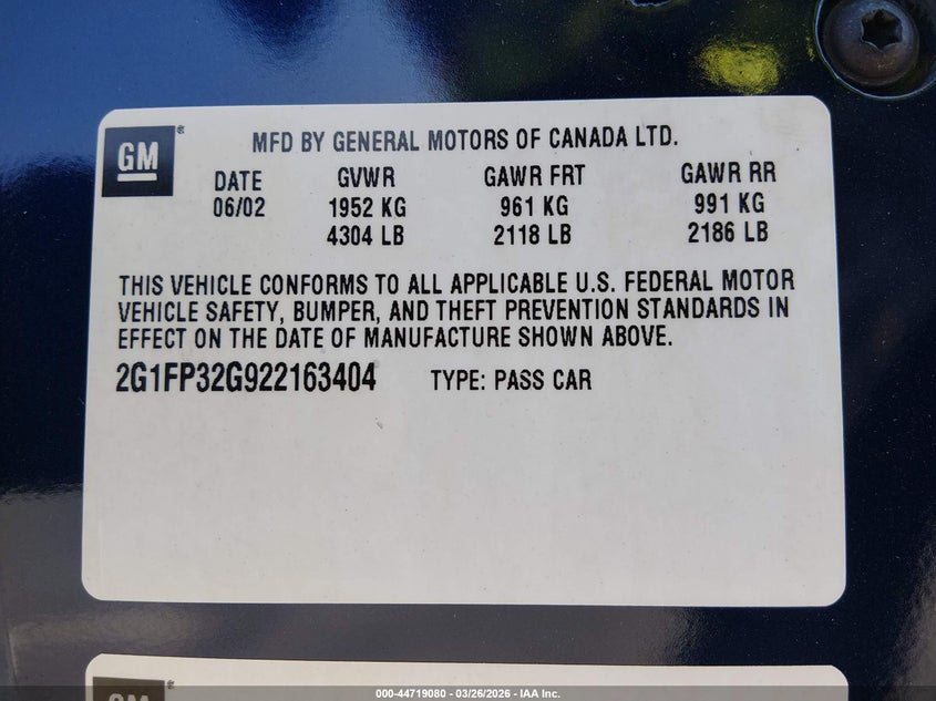 2002 Chevrolet Camaro Z28 VIN: 2G1FP32G922163404 Lot: 44719080