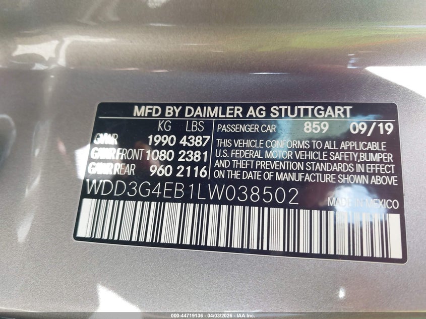 2020 Mercedes-Benz A 220 VIN: WDD3G4EB1LW038502 Lot: 44719136