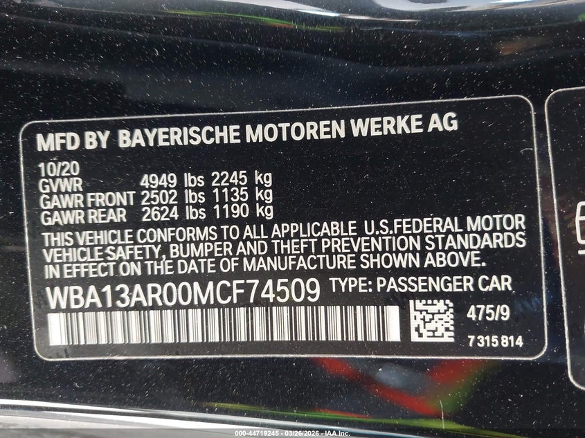 2021 BMW M440I xDrive VIN: WBA13AR00MCF74509 Lot: 44719245