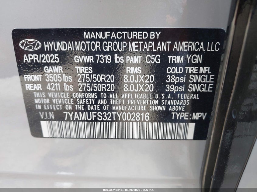 2026 Hyundai Ioniq 9 Sel VIN: 7YAMUFS32TY002816 Lot: 44719316