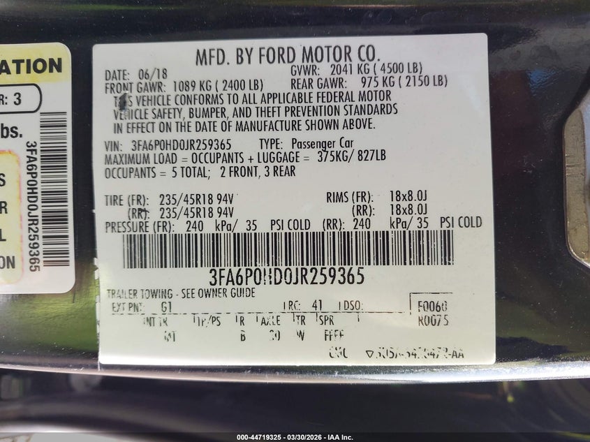 2018 Ford Fusion Se VIN: 3FA6P0HD0JR259365 Lot: 44719325