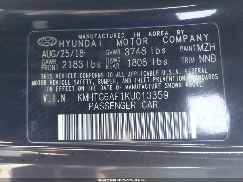 2019 Hyundai Veloster 2.0 VIN: KMHTG6AF1KU013359 Lot: 44719348