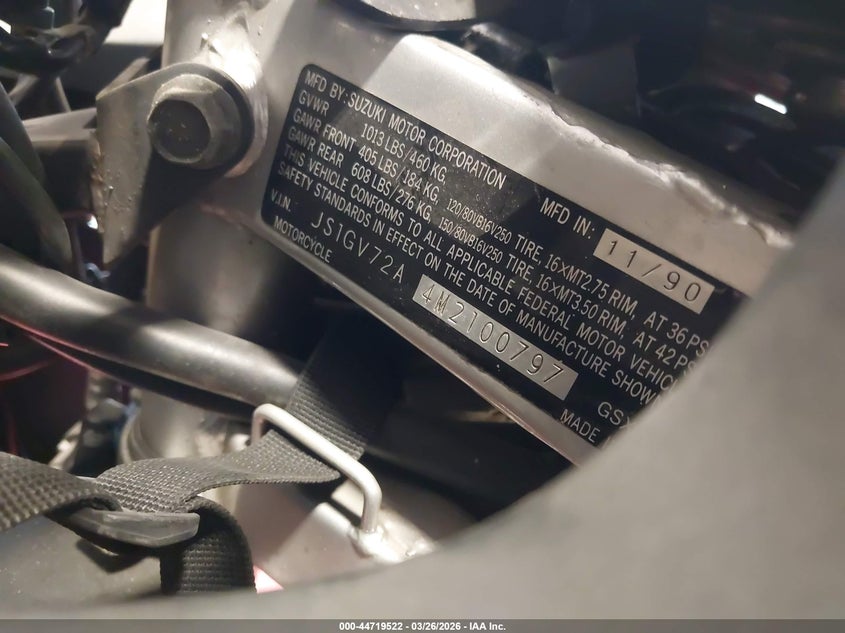1991 Suzuki Gsx1100 F VIN: JS1GV72A4M2100797 Lot: 44719522