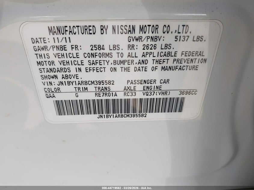 2012 Infiniti M37X VIN: JN1BY1AR8CM395582 Lot: 44719562