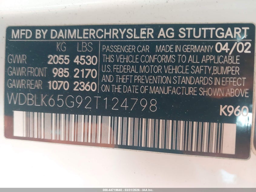 2002 Mercedes-Benz Clk 320 VIN: WDBLK65G92T124798 Lot: 44719640