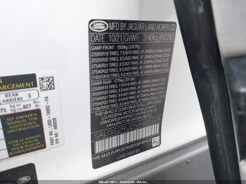 2022 Land Rover Range Rover Westminster VIN: SALGS2RU2NA465528 Lot: 44719811