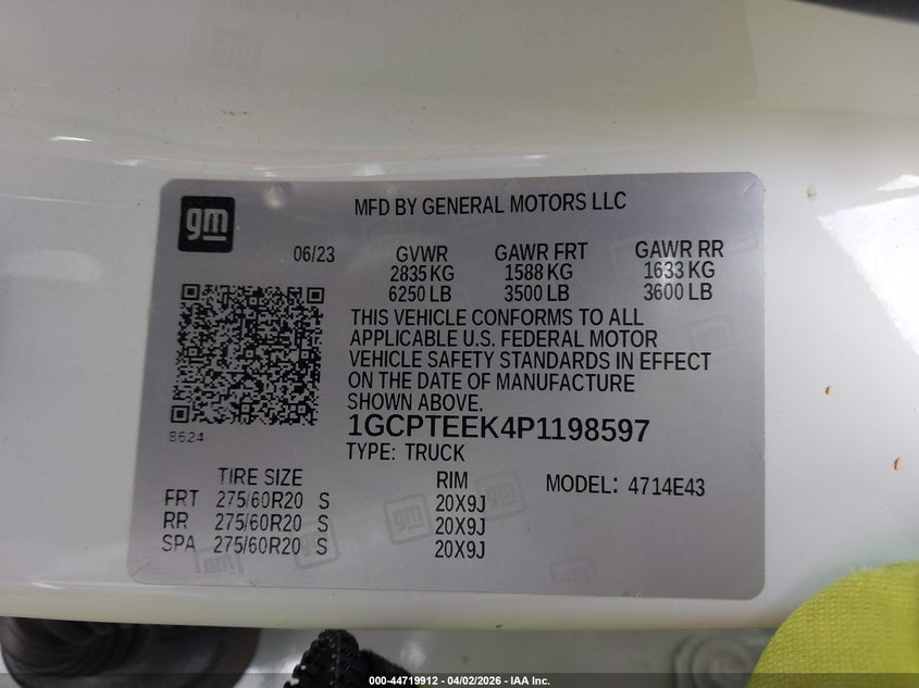 2023 CHEVROLET COLORADO 2.7L I-4 DI, DOHC, V(VIN: 1GCPTEEK4P1198597