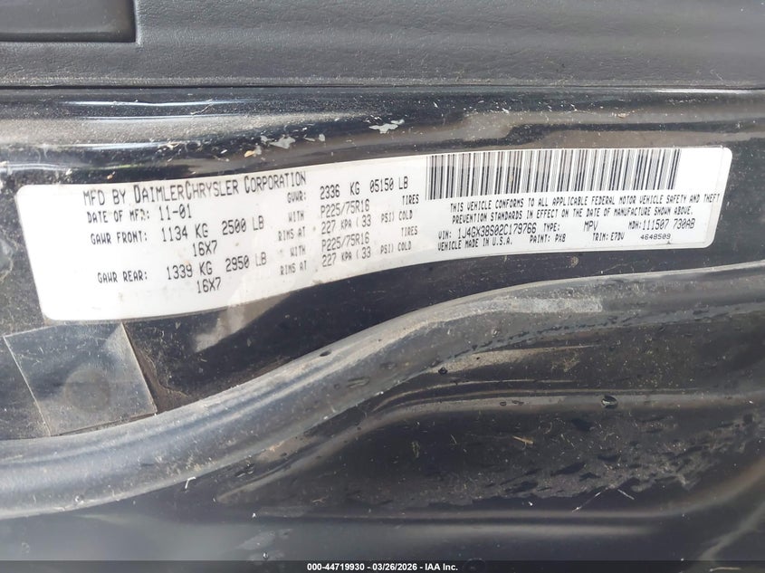 2002 Jeep Grand Cherokee Sport VIN: 1J4GX38S02C179766 Lot: 44719930