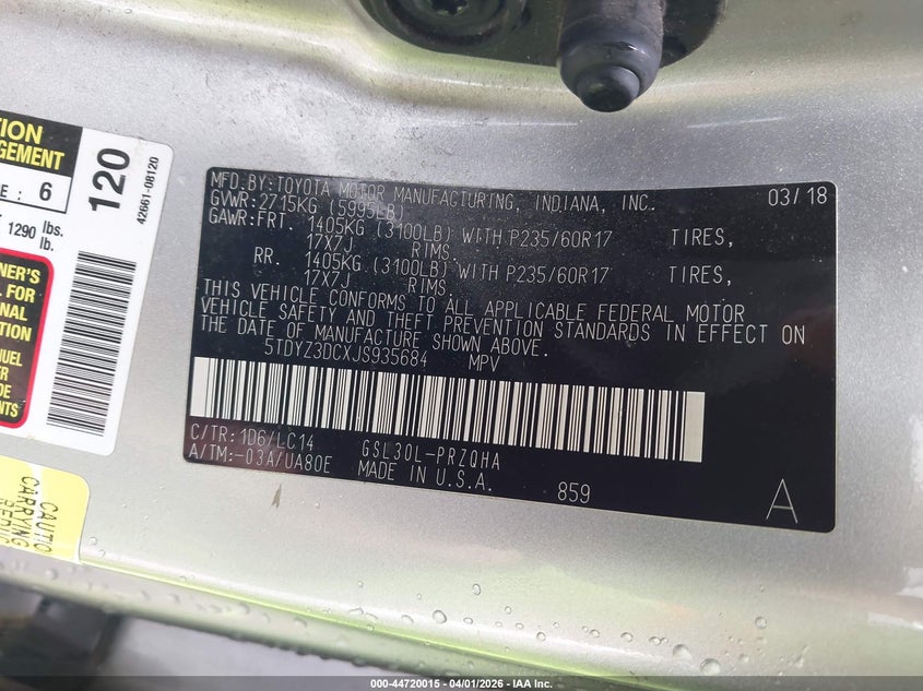 VIN 5TDYZ3DCXJS935684 2018 TOYOTA SIENNA XLE PREMIUM 8 PASSENGER
