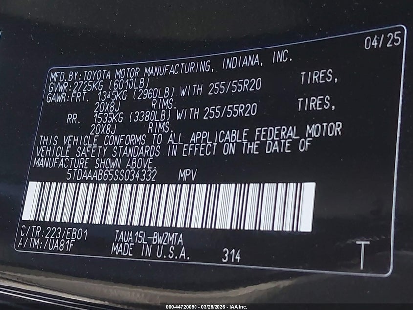 2025 Lexus Tx 350 Premium VIN: 5TDAAAB65SS034332 Lot: 44720050