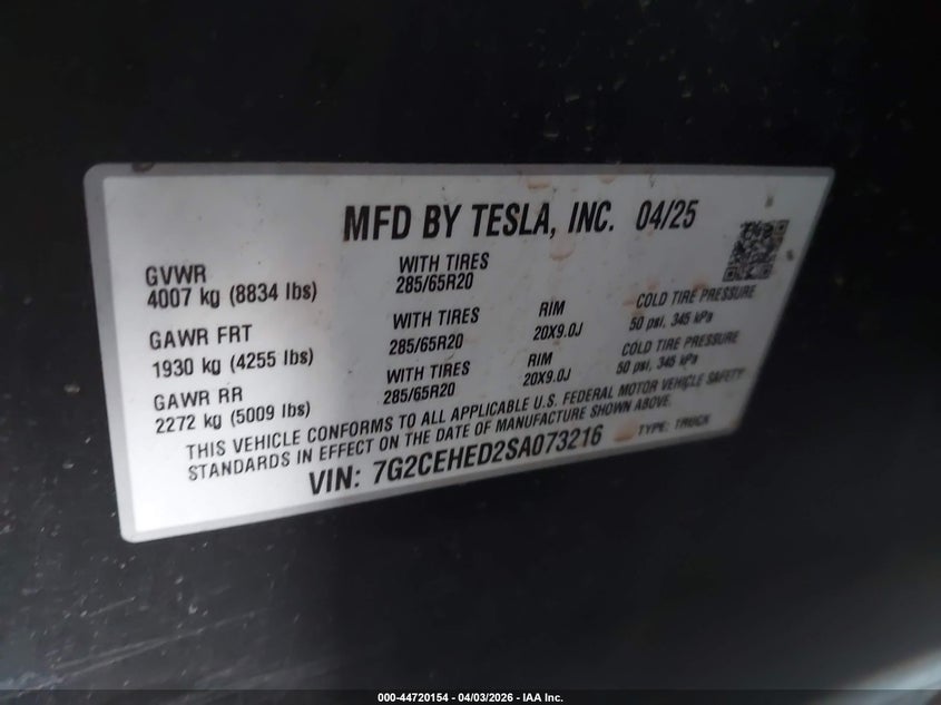 2025 Tesla Cybertruck All-Wheel Drive VIN: 7G2CEHED2SA073216 Lot: 44720154