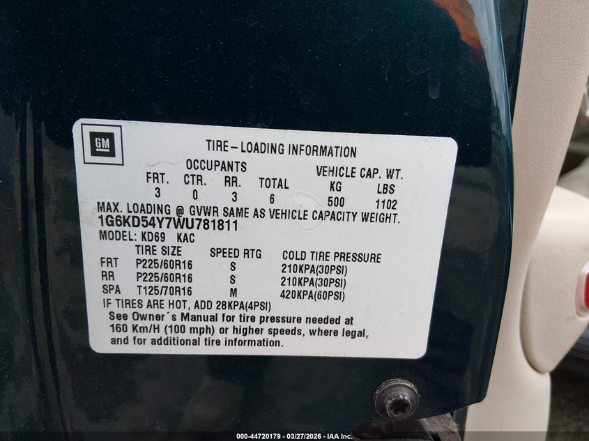 1998 Cadillac Deville Standard VIN: 1G6KD54Y7WU781811 Lot: 44720179