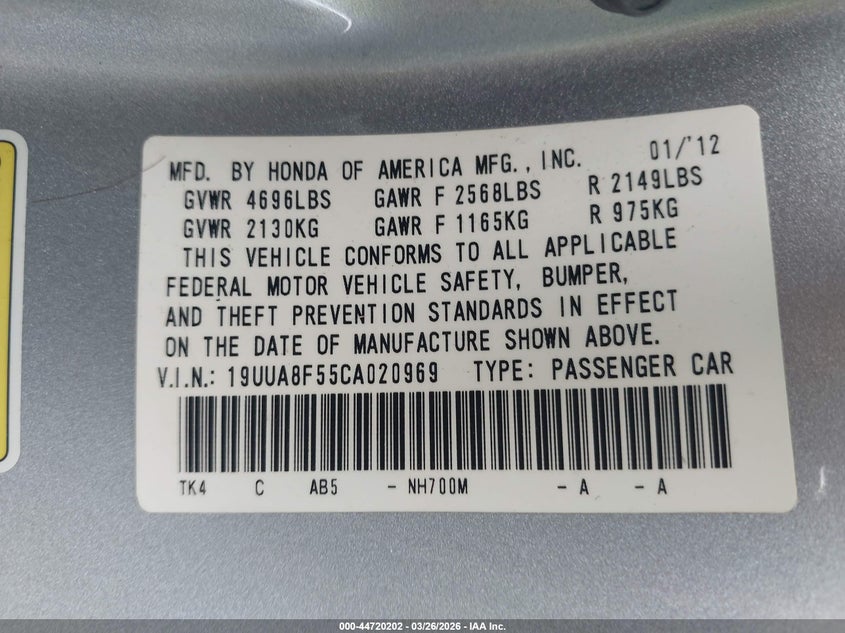 2012 Acura Tl 3.5 grey Lot 111044720202 Vin 19UUA8F55CA020969
