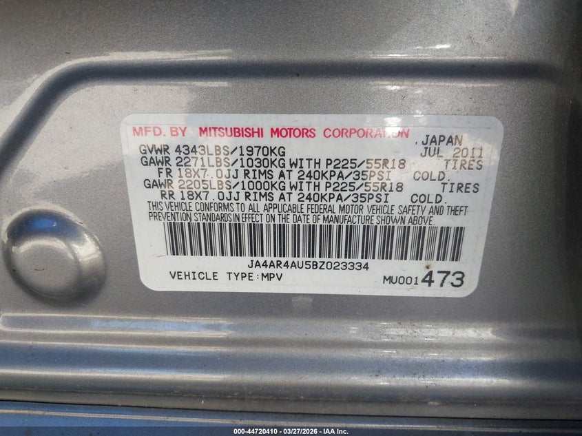 2011 Mitsubishi Outlander Sport Se VIN: JA4AR4AU5BZ023334 Lot: 44720410