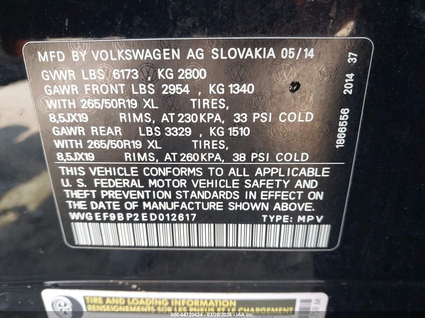 2014 Volkswagen Touareg 3.6L Lux VIN: WVGEF9BP2ED012617 Lot: 44720434