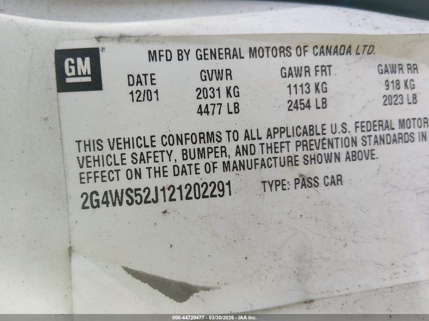 2002 Buick Century Custom VIN: 2G4WS52J121202291 Lot: 44720477